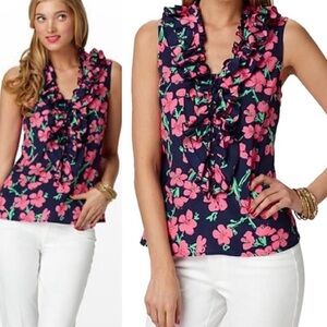 Lilly Pulitzer Navy and Pink Floral Ruffle Blouse (Alison top)
